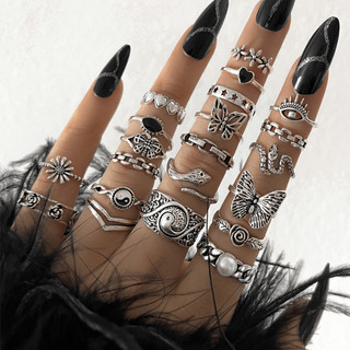 Conjunto de 27 anéis de aço para mulheres com designs vazados, de cobra, de borboleta e de coração