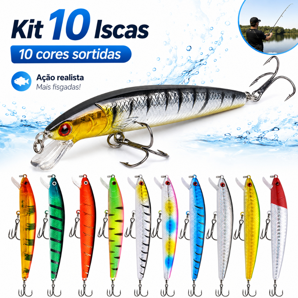 Kit 10 Iscas Artificiais Importadas 1/2 Meia Água de 10 cms e 9 gramas Pesca Tucunaré Traíra Dourado Robalo