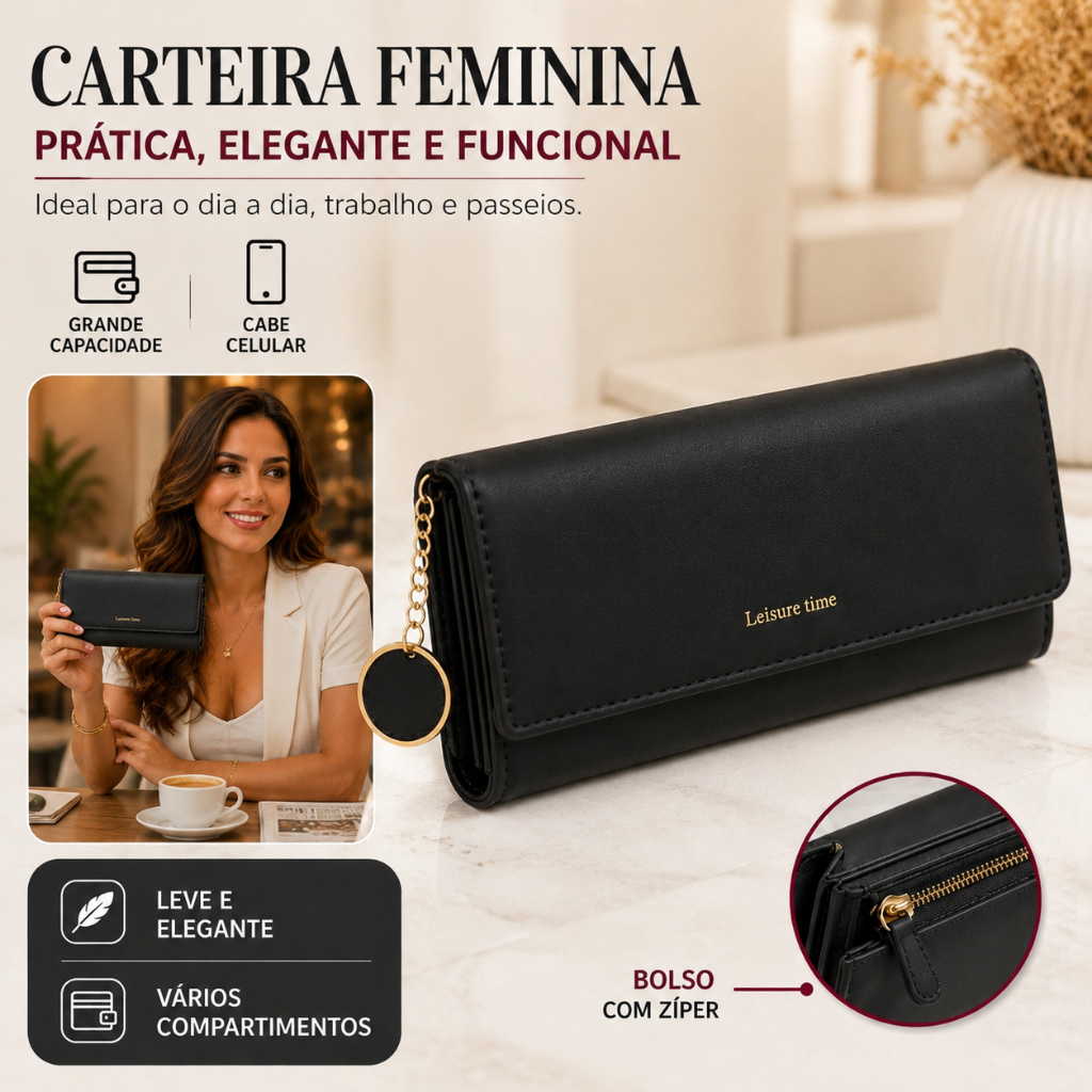 Carteira Feminina Longa Multiuso Porta-Cartões com Fivela Bolsa Feminina Elegante e Espaçosa para Uso Diário