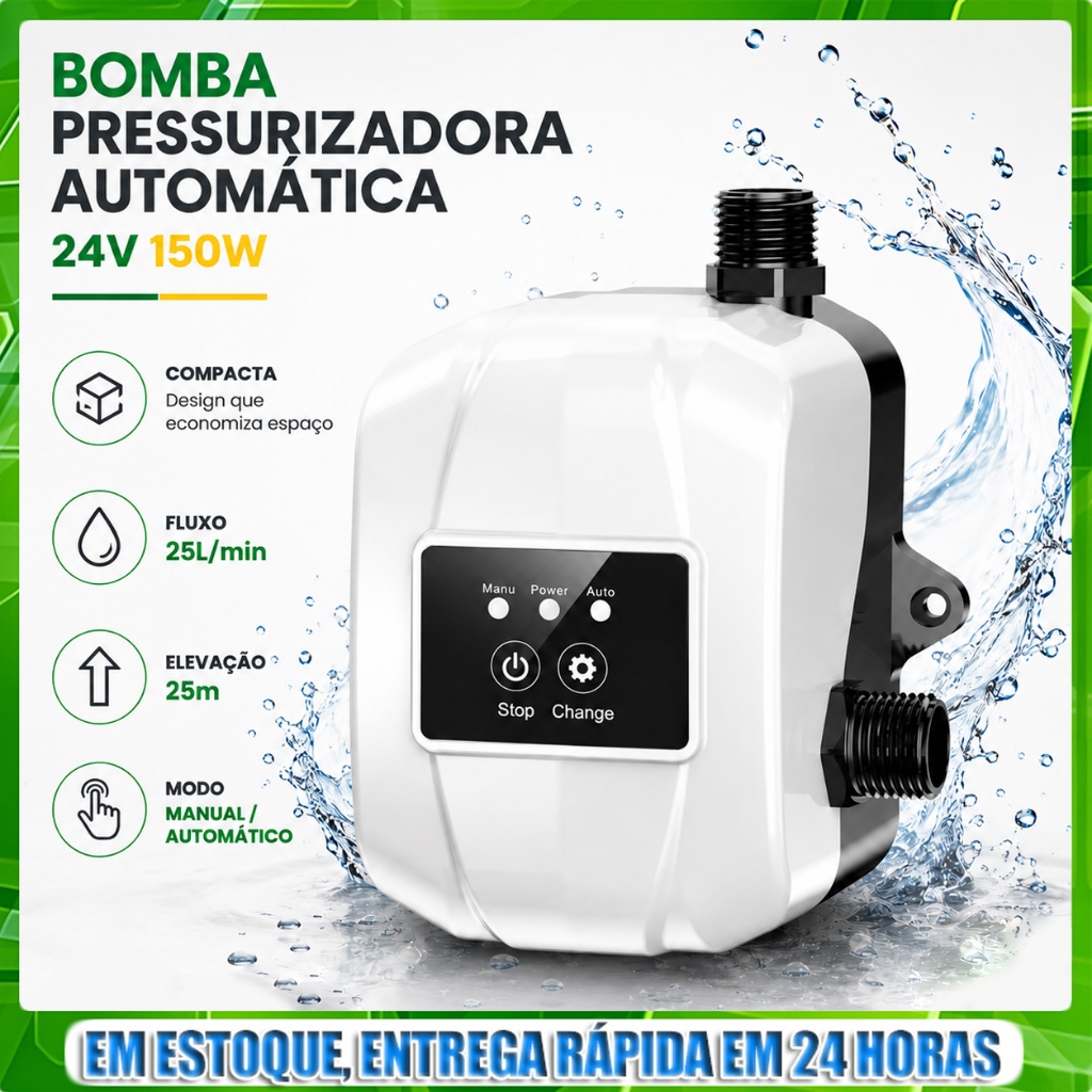 Bomba Pressurizadora Automática 24V MT24-150 25L/min Silenciosa p/ Chuveiro Torneira Aquecedor Água Booster