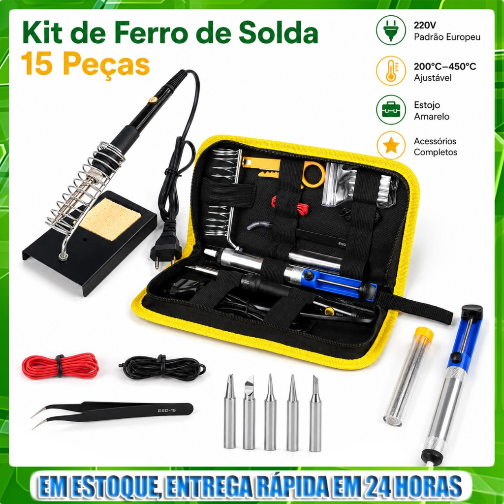 220V Kit Ferro de Solda Ajustável 200°C-450°C Profissional 14 Peças com Estojo e Acessórios