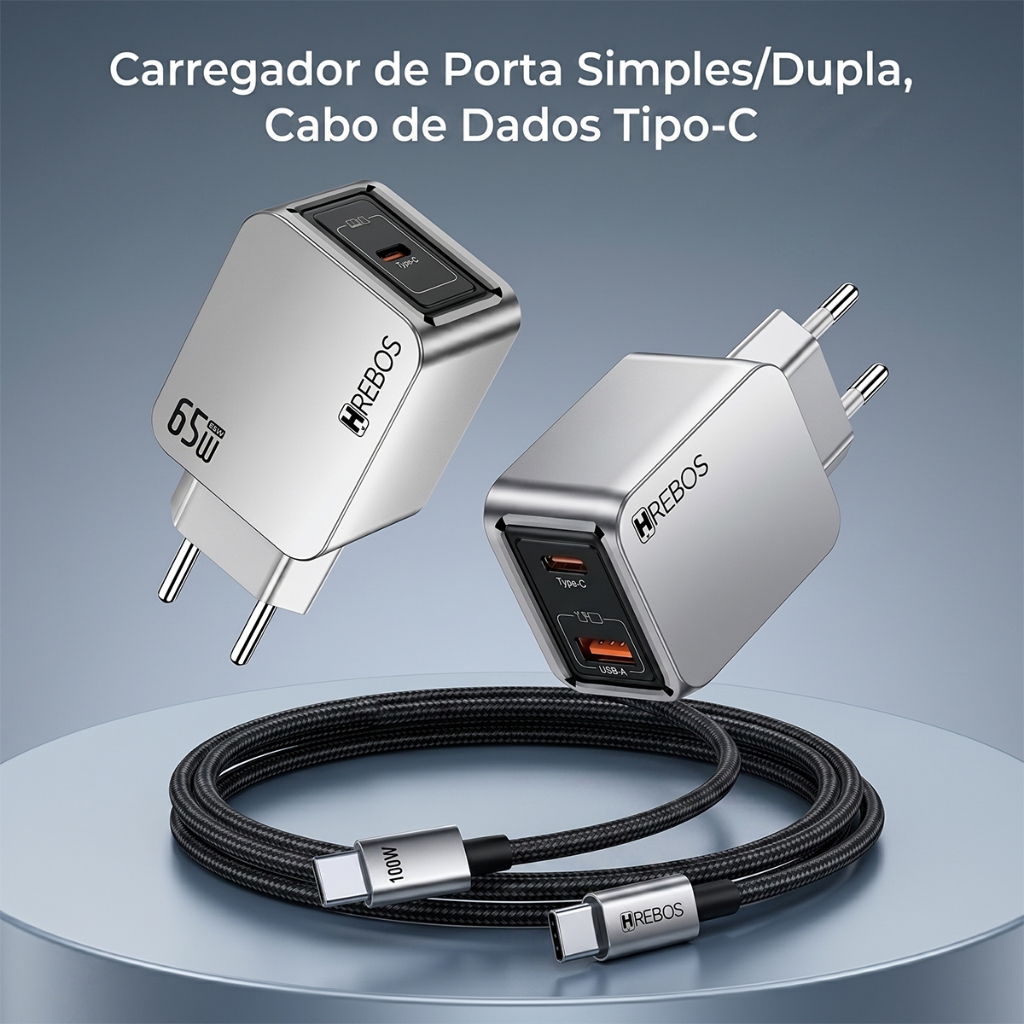 HREBOS Carregador Turbo 65W USB-C PD Rápido para Celular e Notebook para Viagem e Trabalho