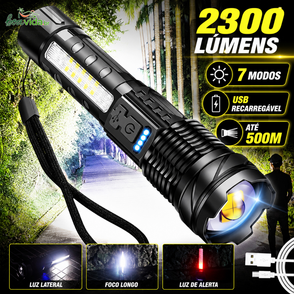 Lanterna de luz forte LED com Zoom retrátil recarregável com luz lateral COB vermelha/azul, luz externa