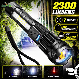 Lanterna de luz forte LED com Zoom retrátil recarregável com luz lateral COB vermelha/azul, luz externa