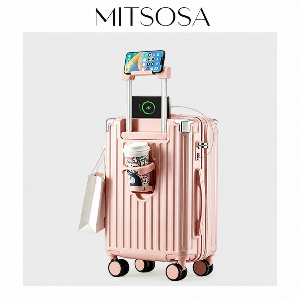 MITSOSA Mala multifuncional com porta-copos, porta USB e rodas removíveis