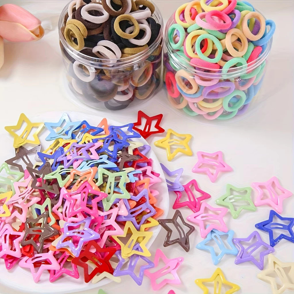 Conjunto de acessórios para cabelo infantil, 220 peças, laço de cabelo elástico alto, grampo de cabelo estrela