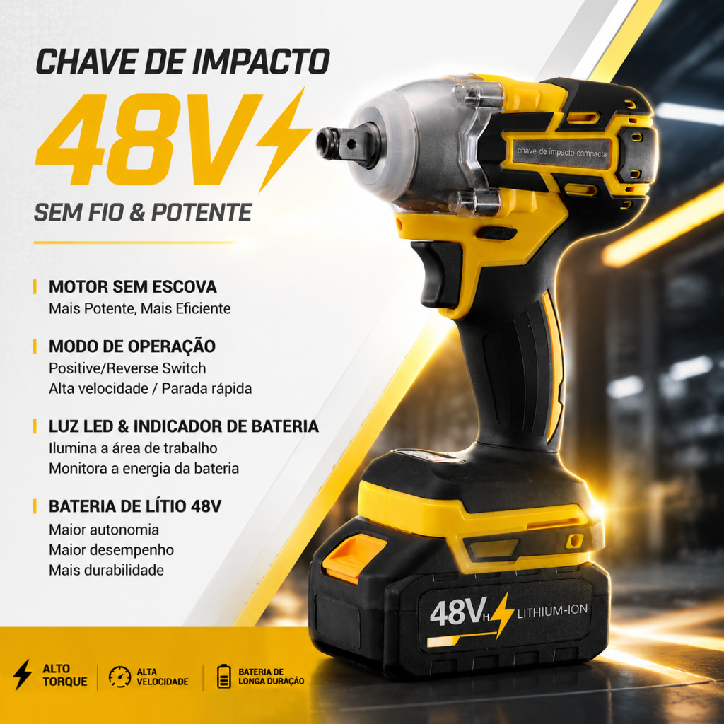 Chave De Impacto Sem Fio 48V , Portátil Robusto De 1/2 Polegada-Grau Profissional , Inclui 2 Baterias E Carregador De Te