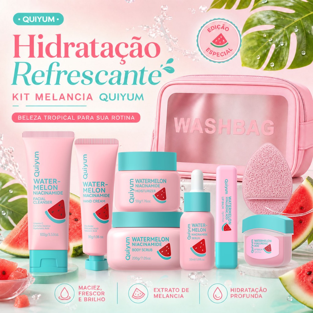 Kit Skincare Completo de Melancia QUIYUM 7 em 1 - Hidratante Esfoliante e Iluminador Facial Premium (Estoque Pronto)