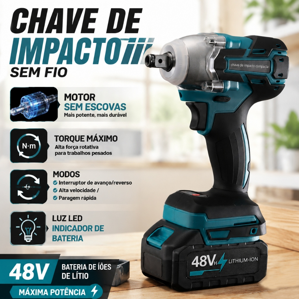 Chave De Impacto Sem Fio Com Motor Escova-Profissional De Alto Torque 48V Bateria Para Tarefas De Automóveis