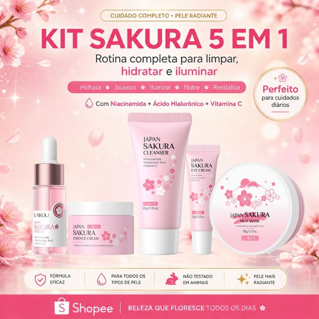 LAIKOU Sakura Kit Skincare Facial Serum Vitamina C Clareador Anti Manchas Anti-Idade Limpeza Facial Glow Kit Pele