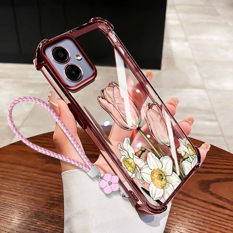 YBD INS Flower Case Para Samsung Galaxy A07 M07 F07 A06 A03 Core A04 A05 A04E Elegante Rosa Lótus Quatro Cantos Airbag C
