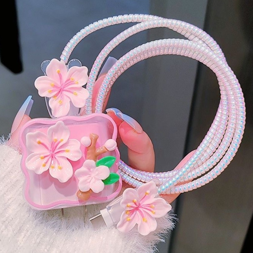 Adequado para Apple iphone20w carregador cabo de dados capa protetora Anti-quebra flor de pêssego flor de cerejeira boni