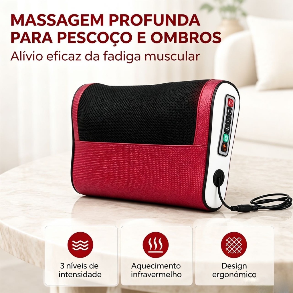 Almofada Massageadora Shiatsu Cervical Aquecimento Infravermelho 3 Intensidades Alívio Dor Pescoço Ombros