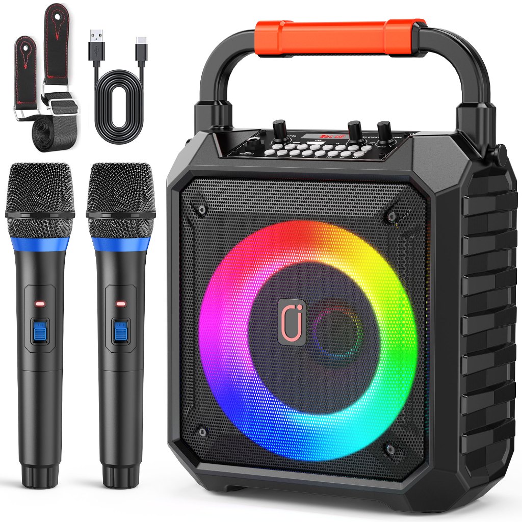 Alto-Falante Portátil De Karaokê Bluetooth JYX T17-T Com 2 Microfones Sem Fio , Luzes RGB , Subwoofer De 6.5 Polegadas ,