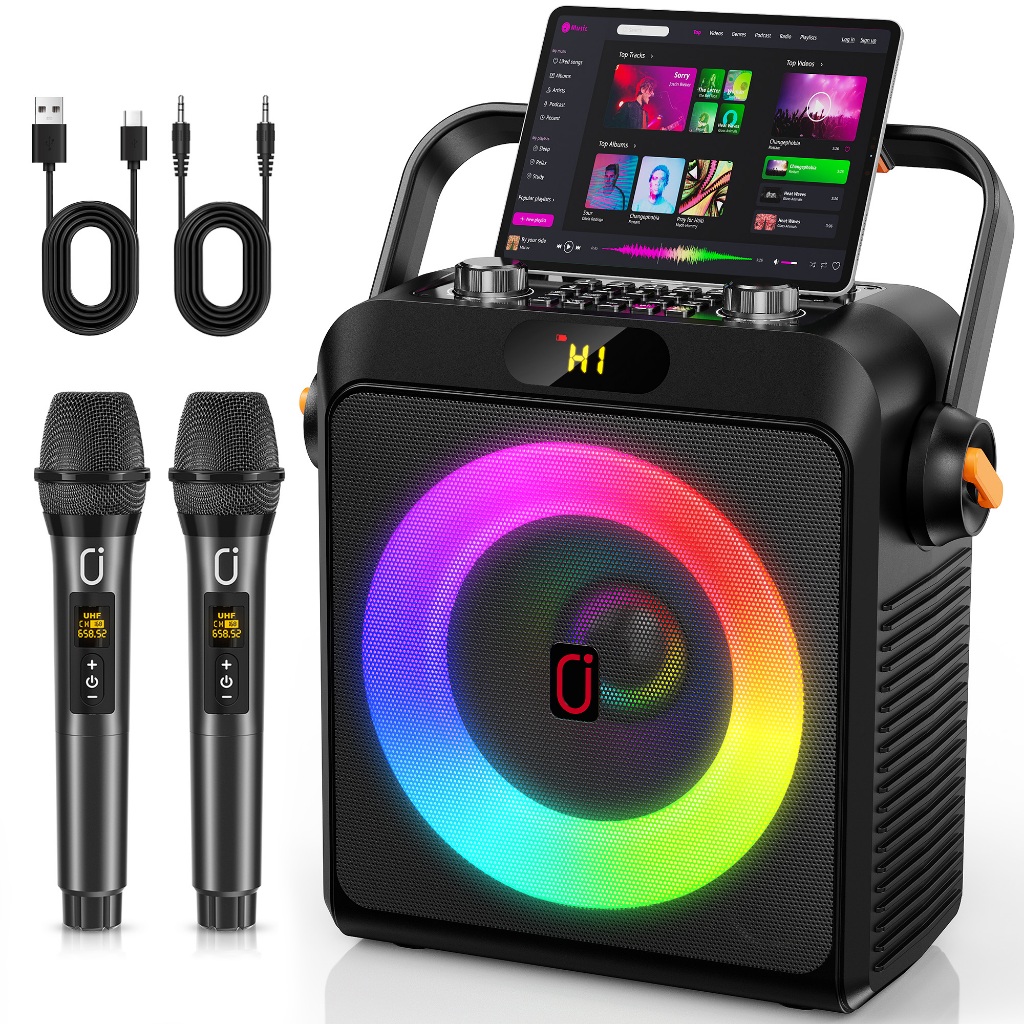 Alto-Falante Portátil De Karaokê Bluetooth JYX T19-T , Equipado Com 2 Microfones UHF , Iluminação RGB , Bateria De 5000m