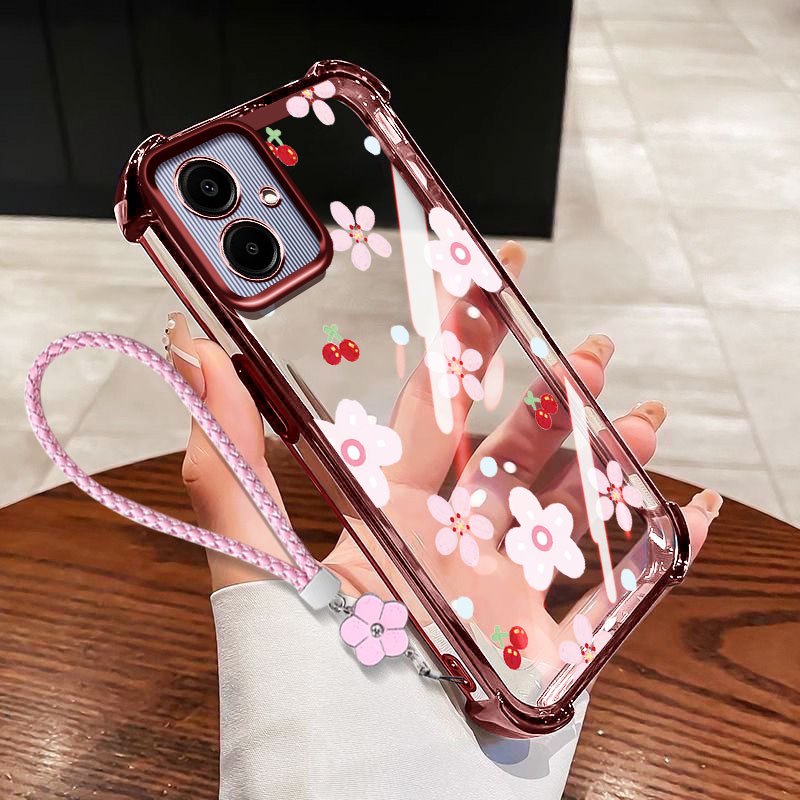 Capa YBD Para Samsung Galaxy A07 M07 F07 A06 A03 Core A04 A05 A04E Linda Flor Rosa Cereja Com Pingente De Cordão De Mão