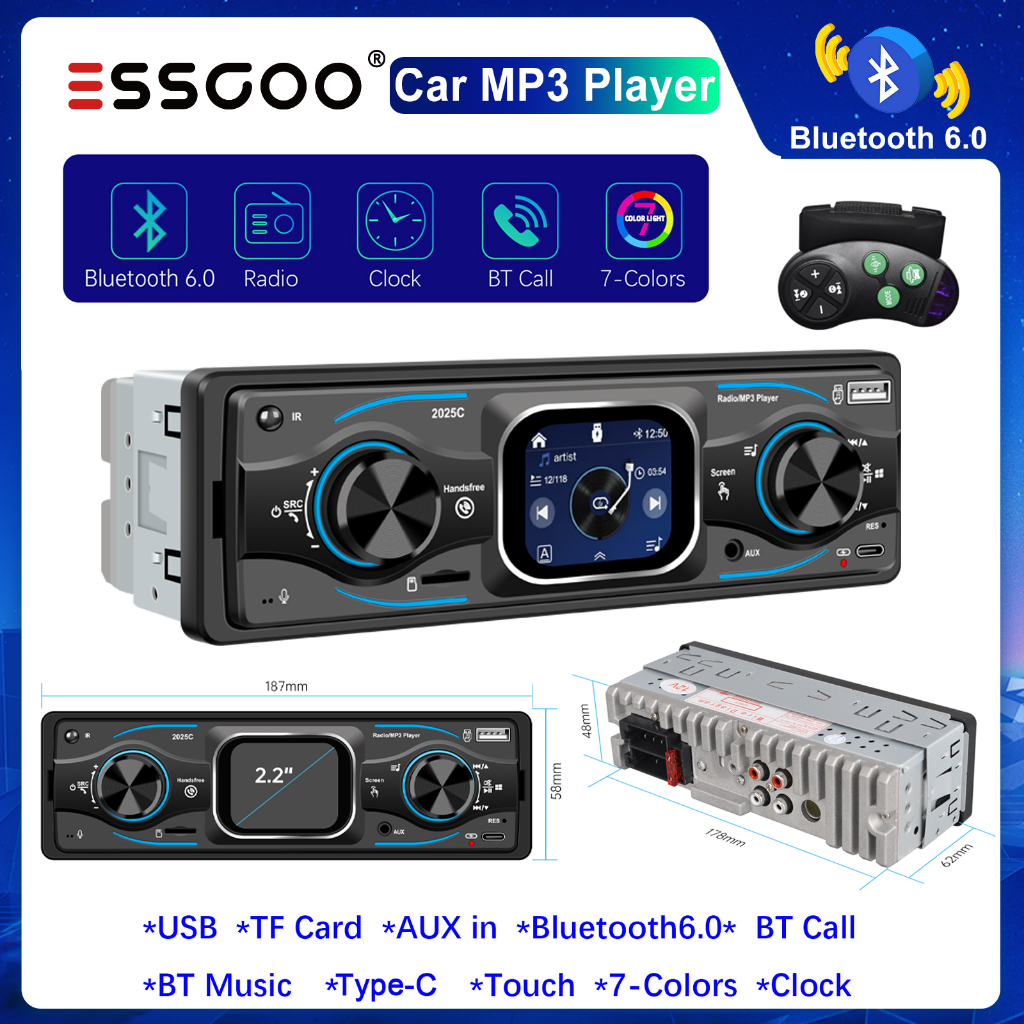 ESSGOO 2.2 " Tela De Toque Inteligente MP3 Player De Carro Único/1 Din Rádio Estéreo Do Bluetooth 6.0 Receptor FM Tipo-C