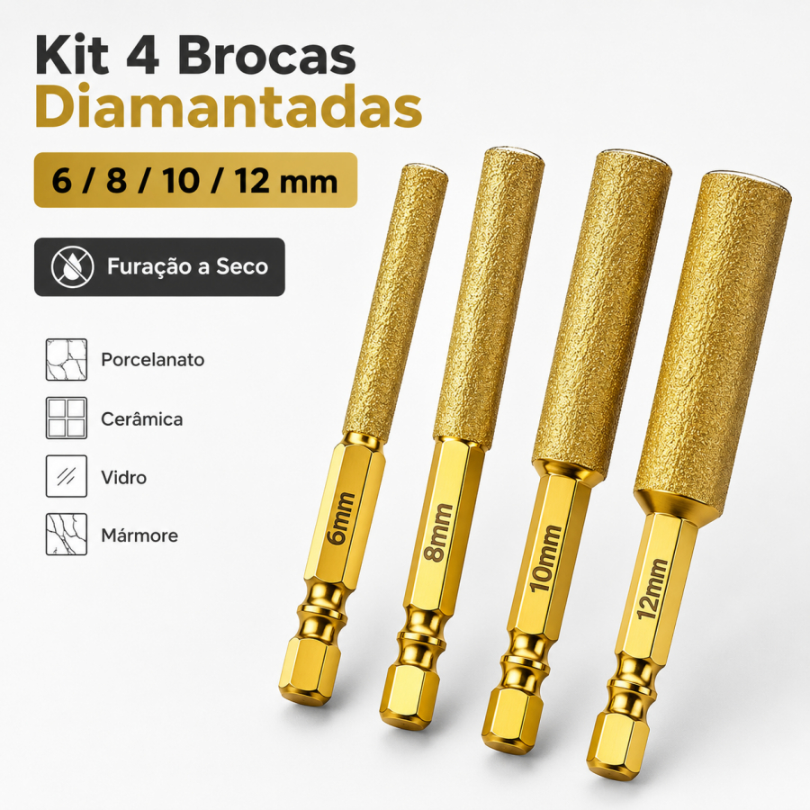 Kit 4 Brocas Diamantadas 6/8/10/12mm Para Porcelanato Cerâmica Vidro Mármore