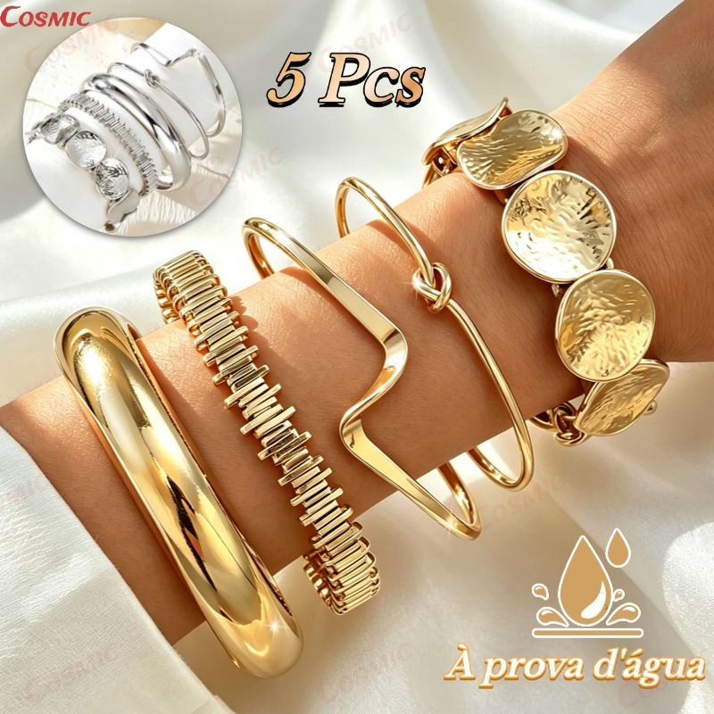 Kit 5 Pulseiras Femininas Ajustáveis Estilo Praia Boho Chic Dourado/Prata Conjunto Elegante Moda Verão-CO