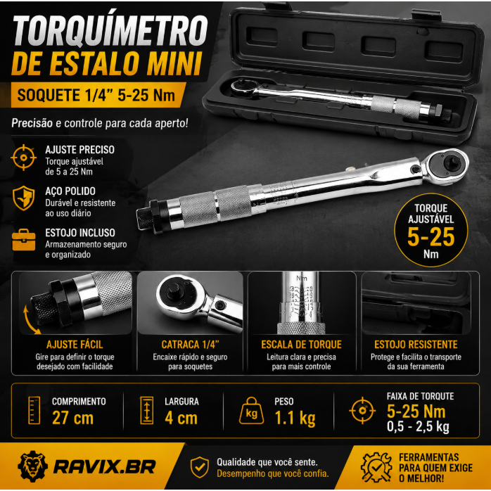 TORQUIMETRO DE ESTALO MINI P/ SOQUETE 1/4 5-25 Nm 0,5kg A 2,5kg