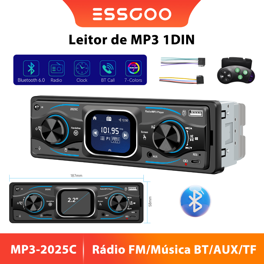 ESSGOO 1 Din 2.2 " Tela MP3 Player De Carro Rádio Estéreo Bluetooth 6.0 Receptor FM Tipo-C Carregamento USB/AUX/TF Cartã