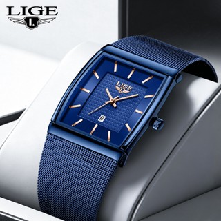 LIGE Business Watch À Prova D'água Luminosa Data Retângulo Homem Relógio De Pulso Malha Relógios De Quartzo