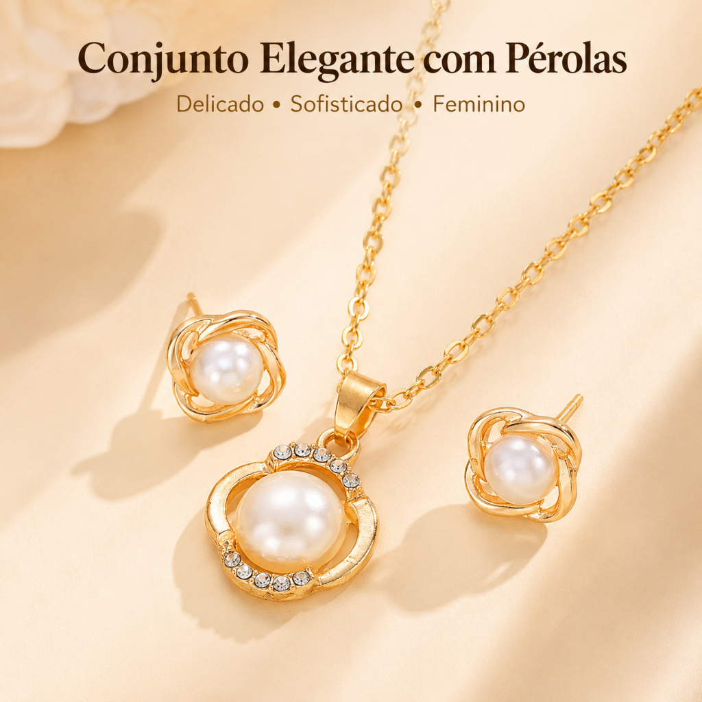 Conjunto Feminino Colar e Brincos com Pérolas Dourado Elegante para Festa Casamento e Presente