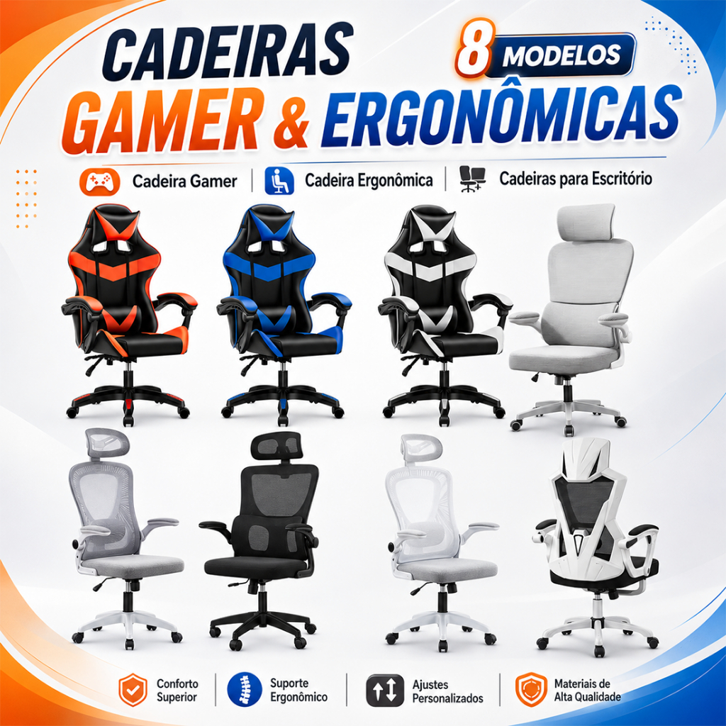 Cadeira Gamer e Ergonômica Escritório Confortável Ajustável 8 Modelos