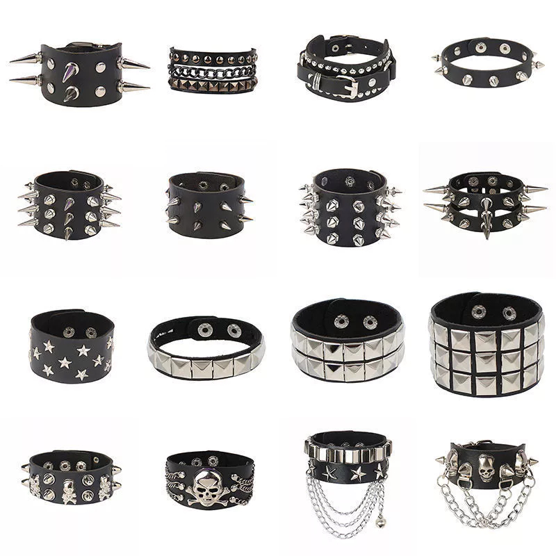 Pulseira Punk de couro preto, unhas exclusivas da moda, bonitas, acessórios de pulseira unissex