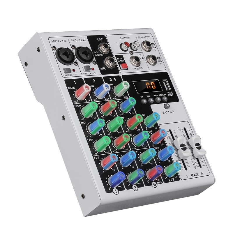 Mixer profissional portátil de 4 canais com fonte de alimentação fantasma de 48V/reprodução de MP3 Bluetooth/dispositivo