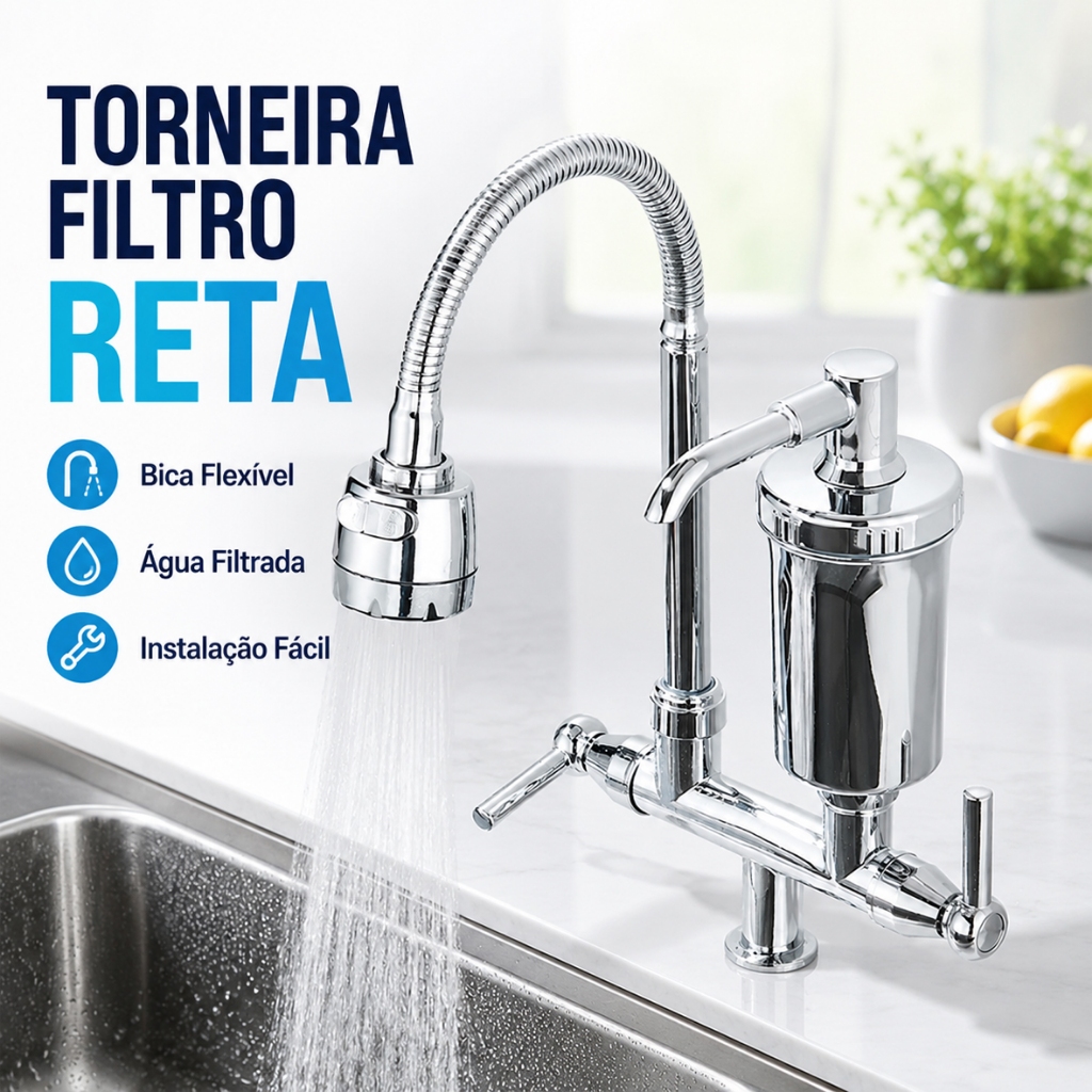 Torneira com Filtro Purificador de Água Gourmet Inox Bica Flexível 360° para Cozinha 1/4 De Volta