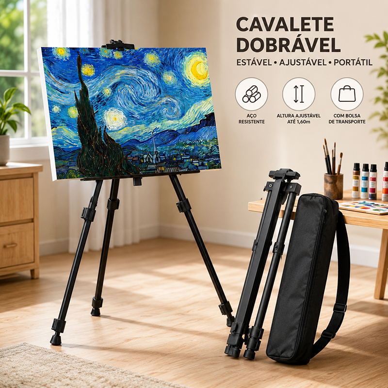 Cavalete Tripé de Pintura Profissional Dobrável 1,60m com Bolsa – Para Tela Grande, Aço Resistente 5kg