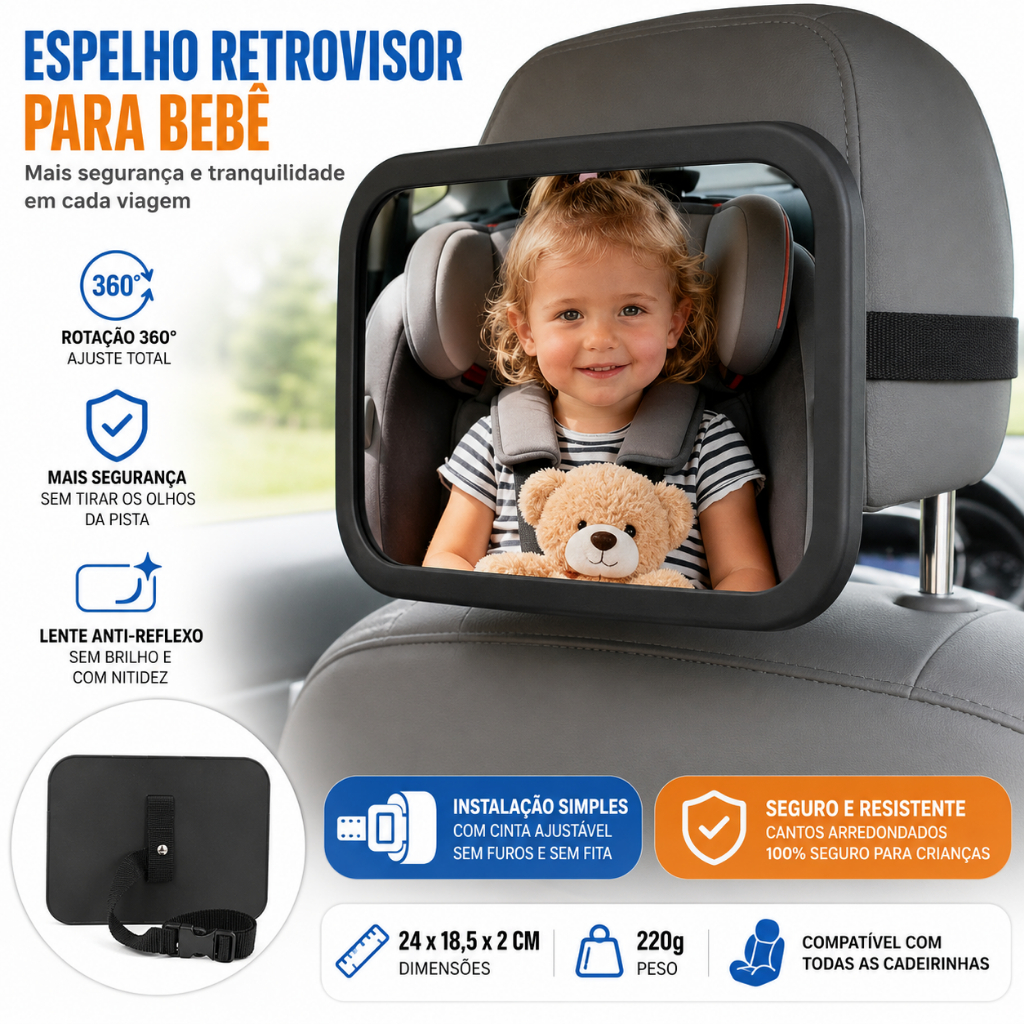 Espelho Retrovisor 360 Graus Banco Traseiro P/ Carro Bebe Conforto Segurança 100% Nitidez Garantida