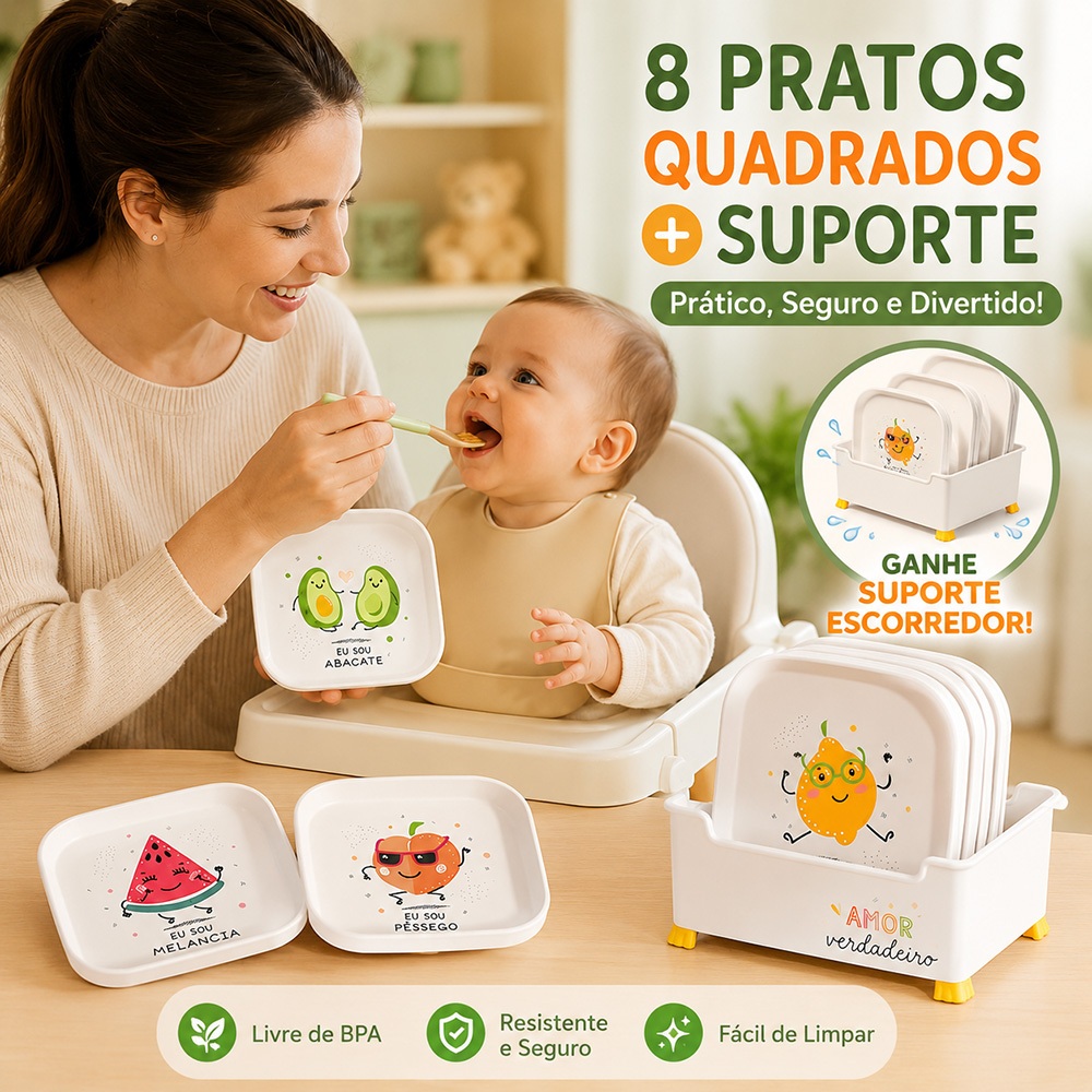 Kit 8 Peças Prato Raso Infantil Quadrada com Escorredor Desenhos Para Refeição de Crianças/ Bebês Pratinho