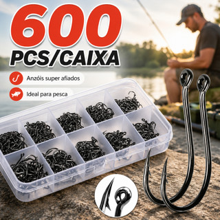 Kit Pesca: 600 Anzóis Chinu nos Tamanhos 3 ao 12 com Estojo de Armazenamento