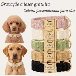Coleira De Cachorro Personalizada Com Nome , Conjunto De E Trela , Gravada , Etiqueta Gravado