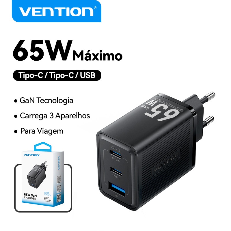 Vention Charger GaN 65W PD PPS 3 Saídas USB Dual C E A Para Notebook Celular Ráp