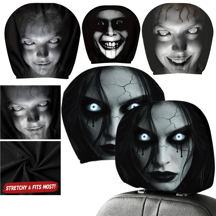 2 Peças Capas De Encosto De Cabeça Do Carro Horror Monstro Sem Olhos Impresso Assento Automático Modelos Elásticos