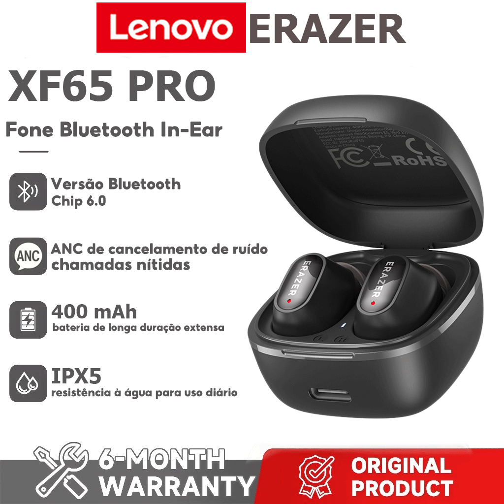 Lenovo ERAZER XF65 PRO AI Tradução Fone de ouvido Bluetooth ANC com cancelamento de ruído Fone de ouvido sem fio HD Cham