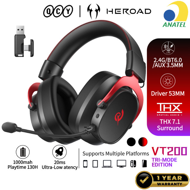 QCY Headset Gamer Sem Fio HEROAD VT200 Tri-Mode – 2.4G/BT6.0/3.5mm, THX 7.1,130H Bateria, Driver 53mm for PC/PS5/Switch