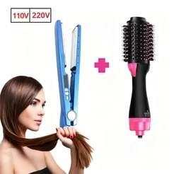 Kit Chapinha Prancha Alisadora Bivolt + Escova Secadora Modeladora, Íons Negativos, Alisa e Faz Cachos no Cabelo