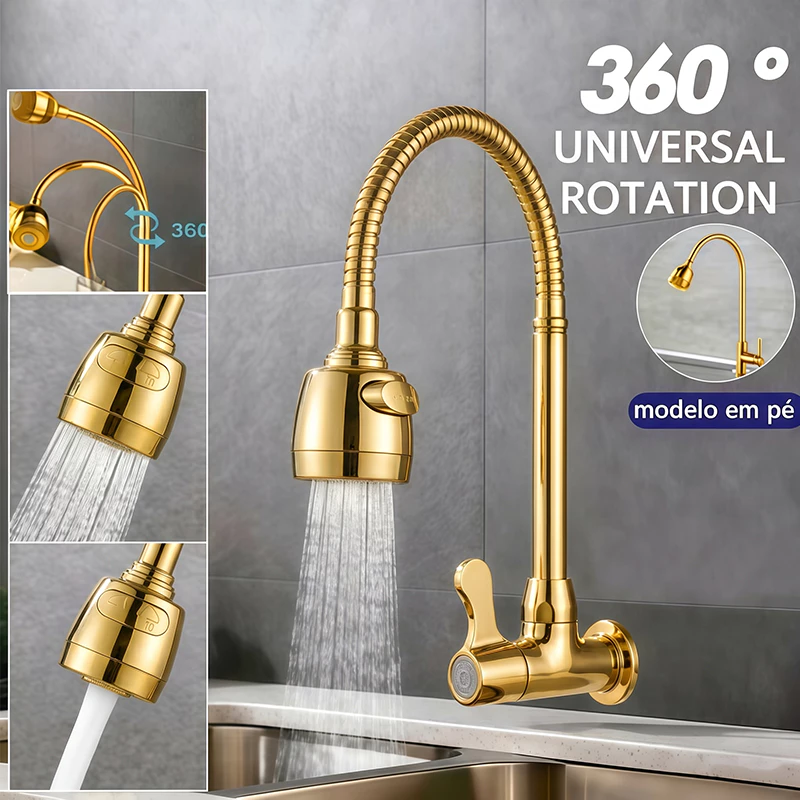Torneira Cozinha Gourmet Flexível 360° Rotativo 2 Modos de Jato Chuveirinho Cromado Dourado Parede Bancada