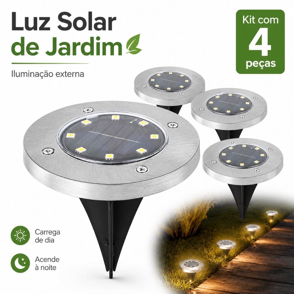 KIT 4 Luminária Solar Spot Jardim 8 LEDs Espeto Grama Iluminação Branco Quente Chão Gramado Jardim