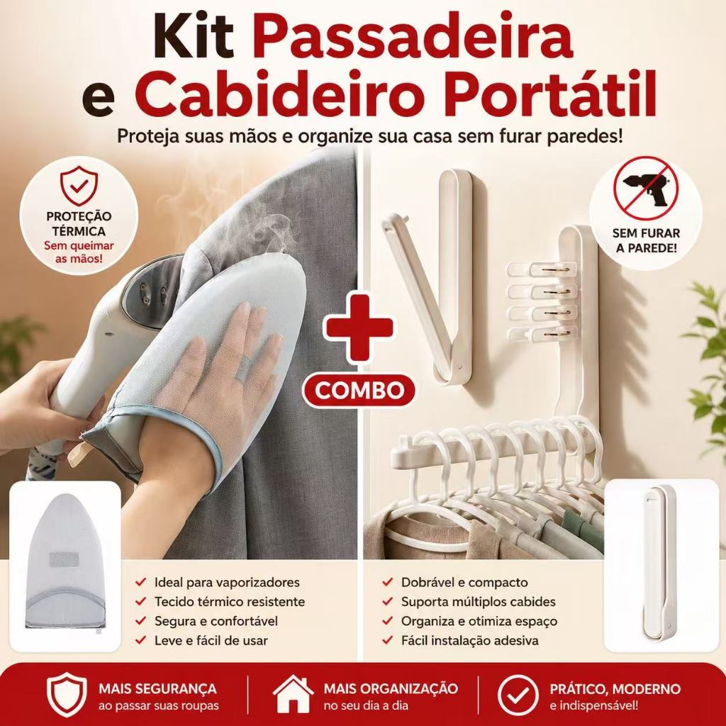 Mini conjunto de tábua de passar roupa portátil e suporte de cabide dobrável sem perfuração
