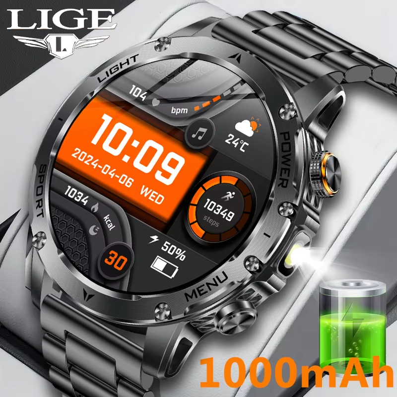 LIGE Multifuncional Relógio Inteligente Masculino 1000mAh Grande Capacidade Bateria Esporte Ao Ar Livre Lanterna Bluetoo