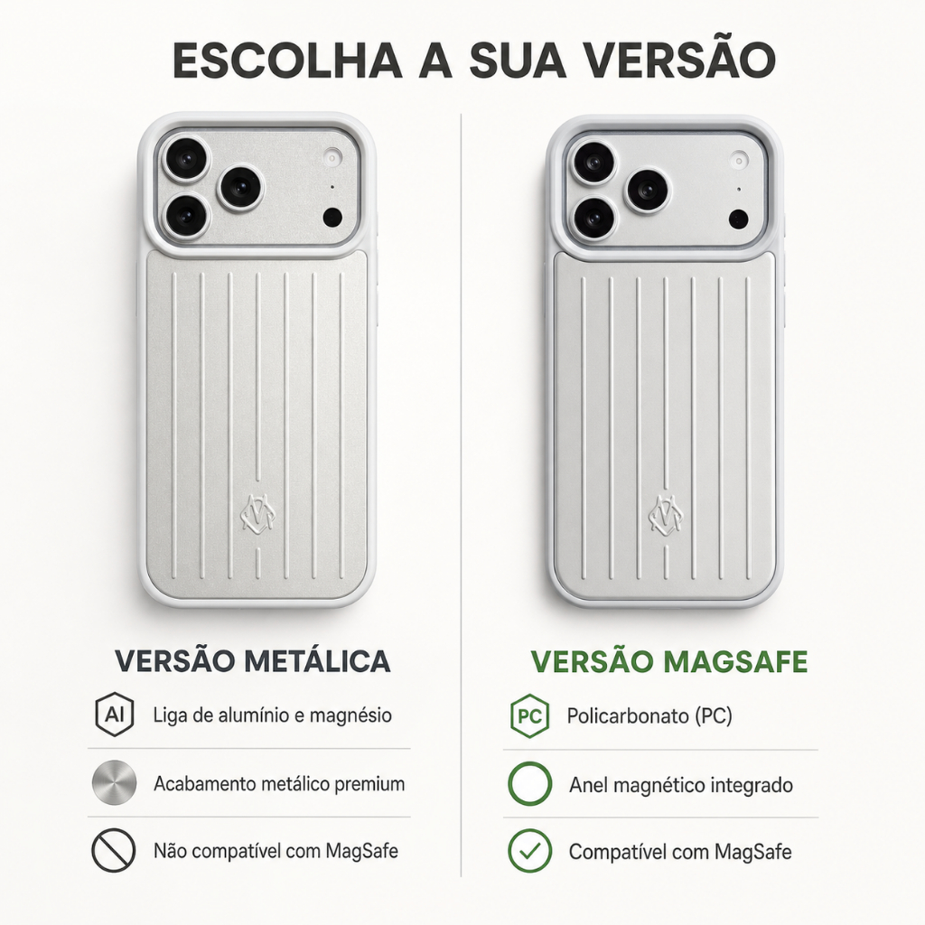 RIMOWA MagSafe ou Metal, com Caixa Capa Premium Estilo Mala para iPhone 14/15 Pro Max e 16/17 Pro ou Pro Max