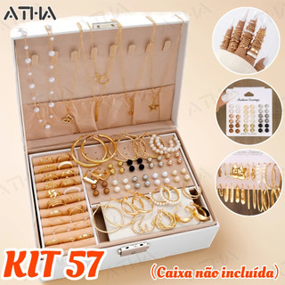 Kit de Joias Femininas 57 Peças Colares Brincos e Anéis Dourados A Prova d'Água Presentes Surpresas Pacotes de Presente