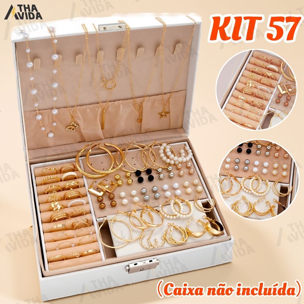 Kit 57 de Joias Femininas 57 Peças Colares Brincos e Anéis Dourados A Prova d'Água Presentes Surpresas