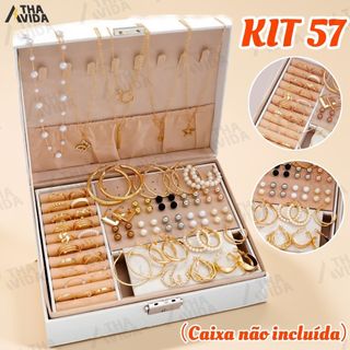 Kit 57 de Joias Femininas 57 Peças Colares Brincos e Anéis Dourados A Prova d'Água Presentes Surpresas