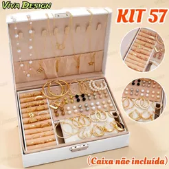 Kit 57 de Joias Femininas 57 Peças Colares Brincos e Anéis Dourados A Prova d'Água Presentes Surpresas